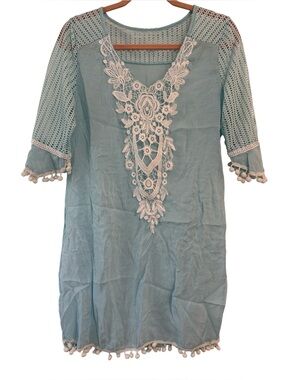 Unbranded Blue and White Swim Cover Dress with Lace and Pom Poms